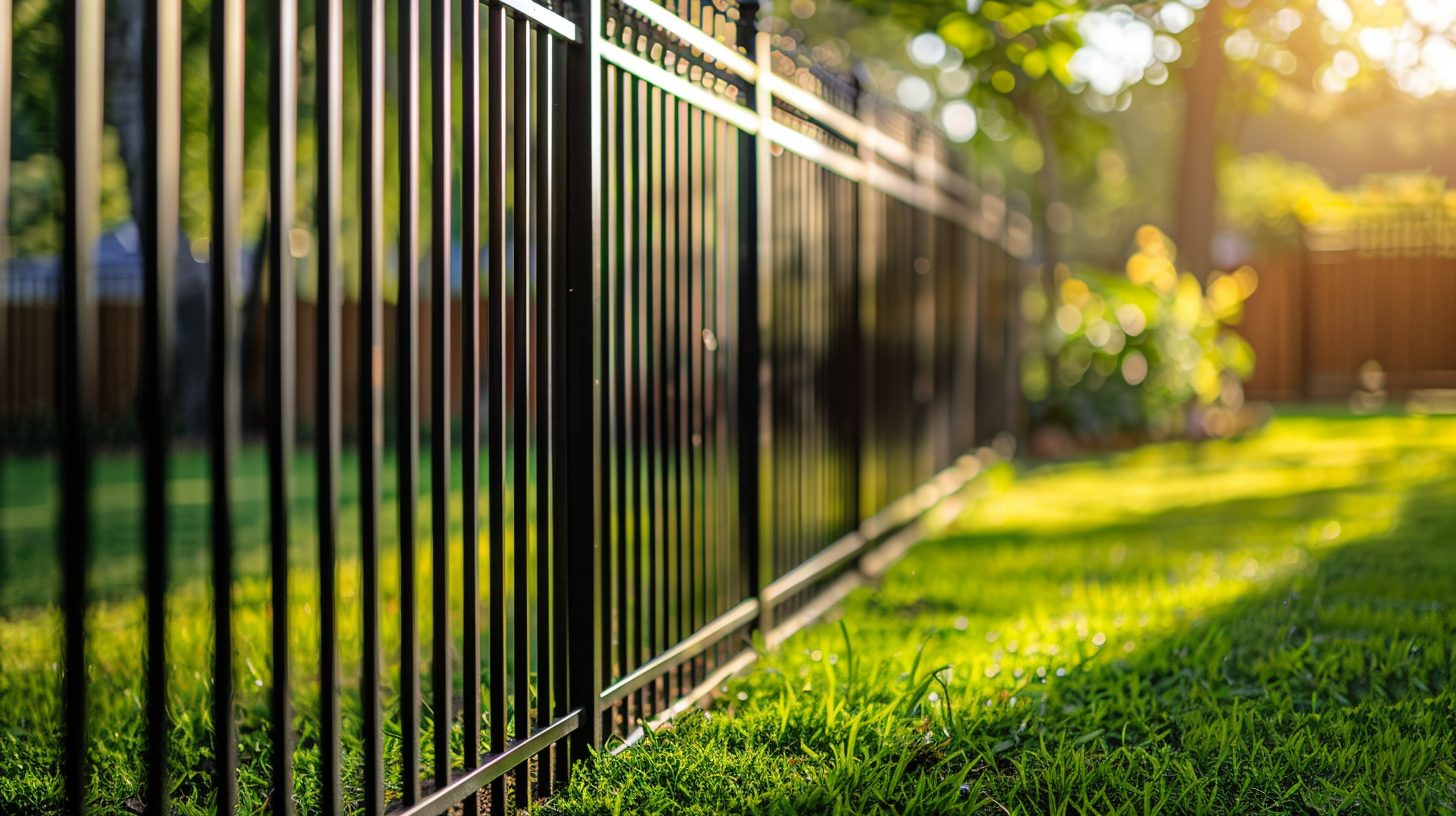 Close-up of black aluminum fence pickets in golden-hour light