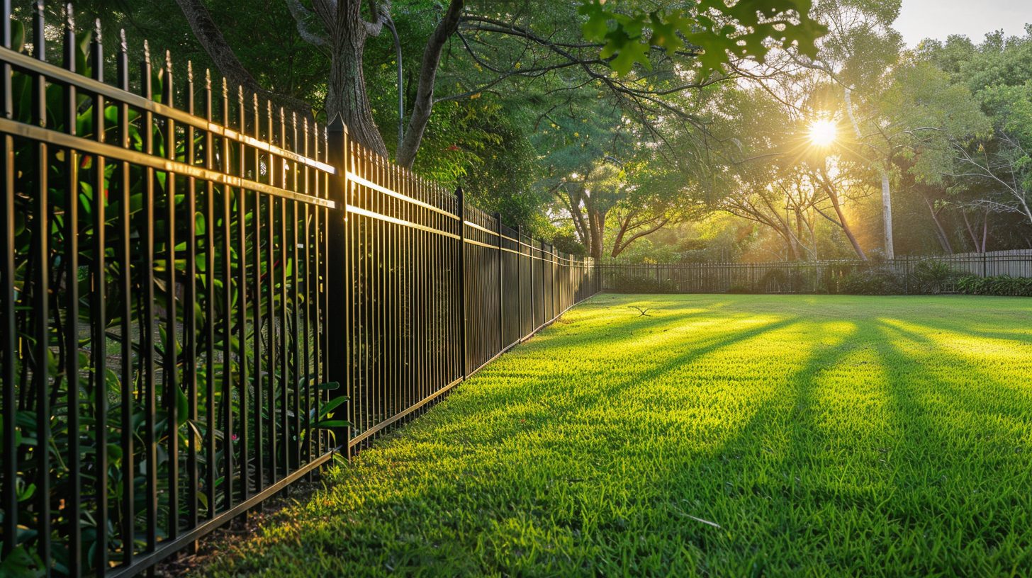 Black aluminum ornamental fence bordering a manicured lawn