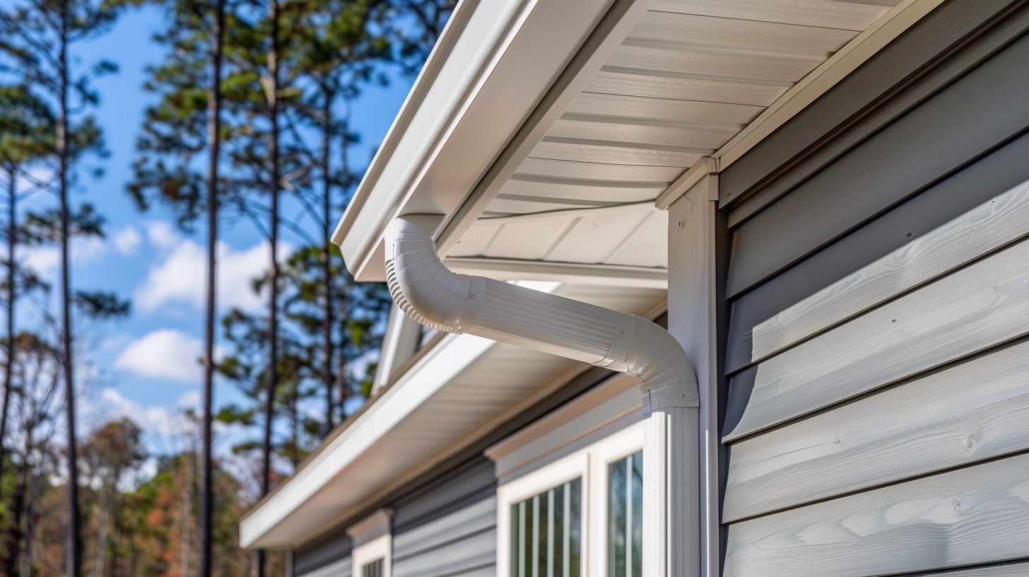 Cream seamless gutter wrapping the gable end of a home with a dark shingle roof