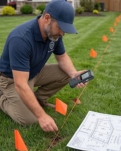 Flow-Masters crew member marking a fence line with survey flags, a string line, and site plans