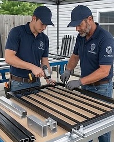 Two Flow-Masters crew members assembling a black aluminum fence panel on site