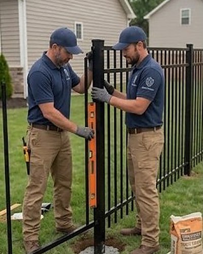 Flow-Masters crew setting a fence post plumb with a level before securing it in concrete