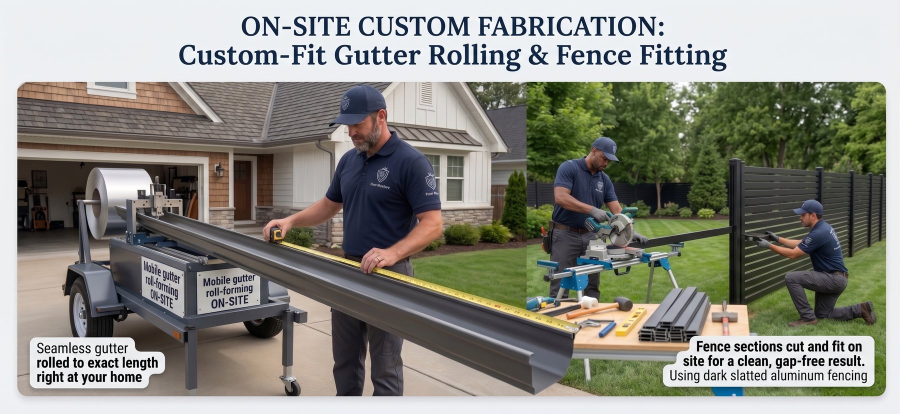 On-site custom fabrication: a Flow-Masters crew member measuring a seamless gutter rolled to exact length from the mobile roll-forming trailer in a driveway, alongside crew cutting and fitting dark slatted aluminum fence sections on site