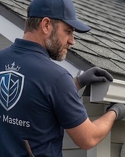 Flow-Masters installer fitting a seamless gutter section along the roof edge