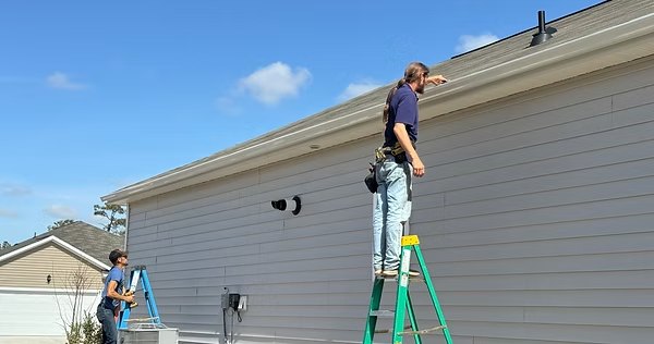 Flow-Masters installer fitting a seamless gutter along the eave of a home