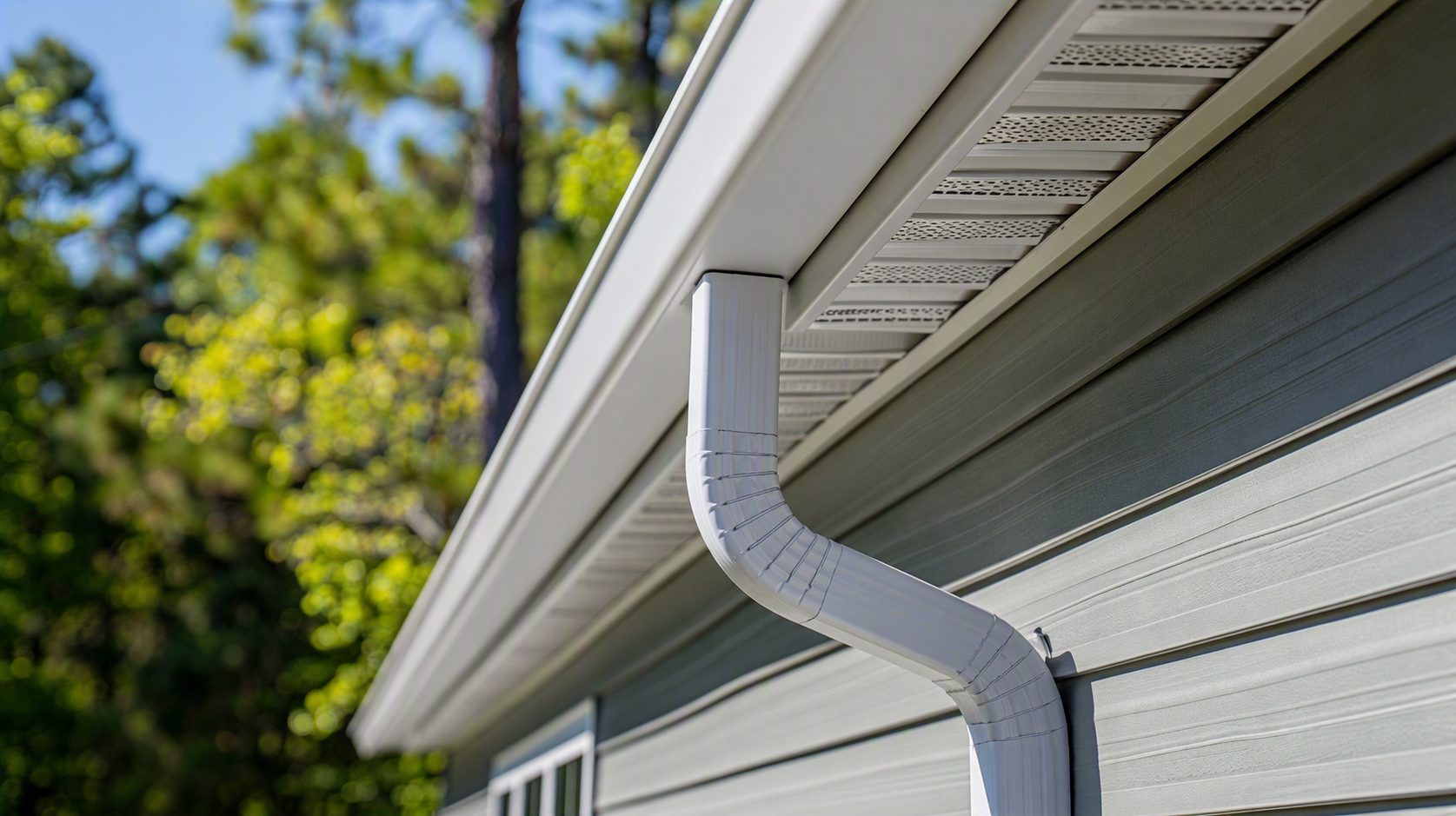 White seamless gutter with a downspout elbow running along the eave of a gray home