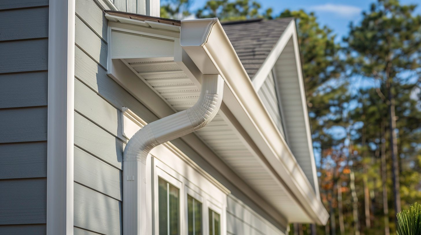 Tan seamless gutter and corner miter on a home surrounded by Carolina pines