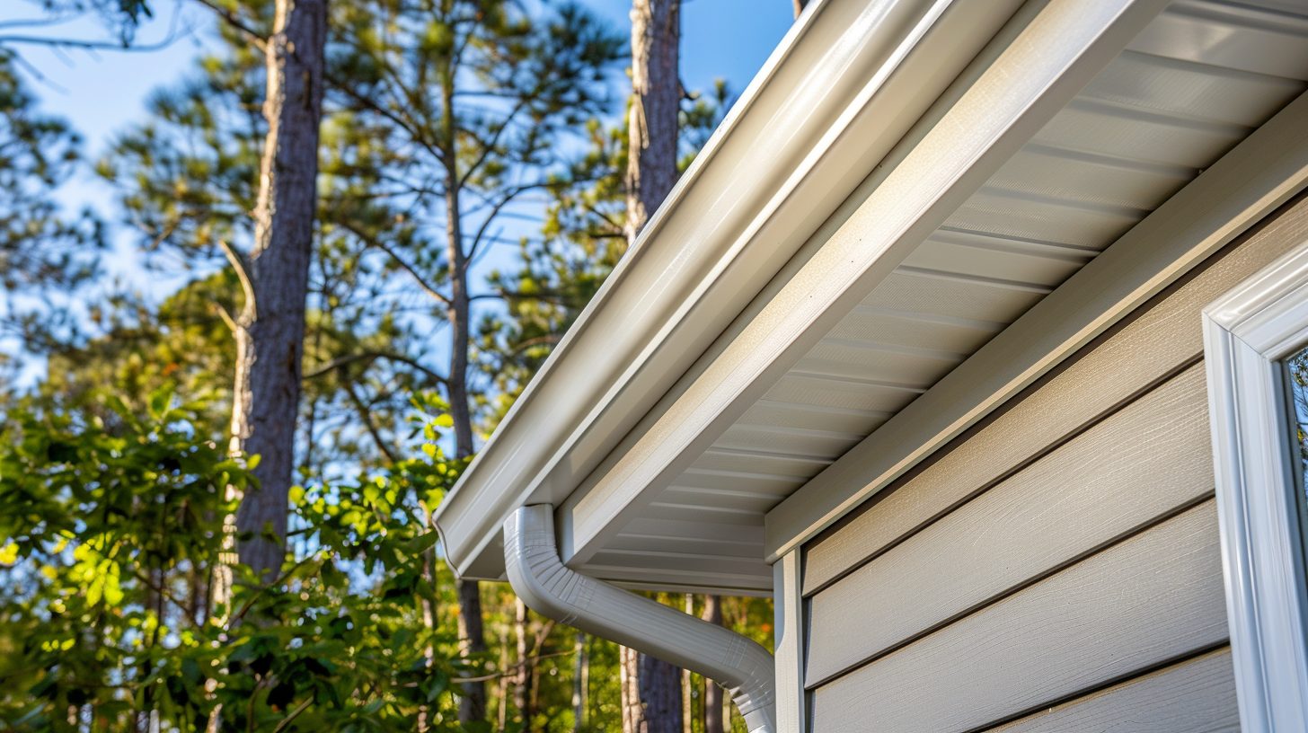 Neatly installed white seamless gutter and downspout on a Grand Strand home