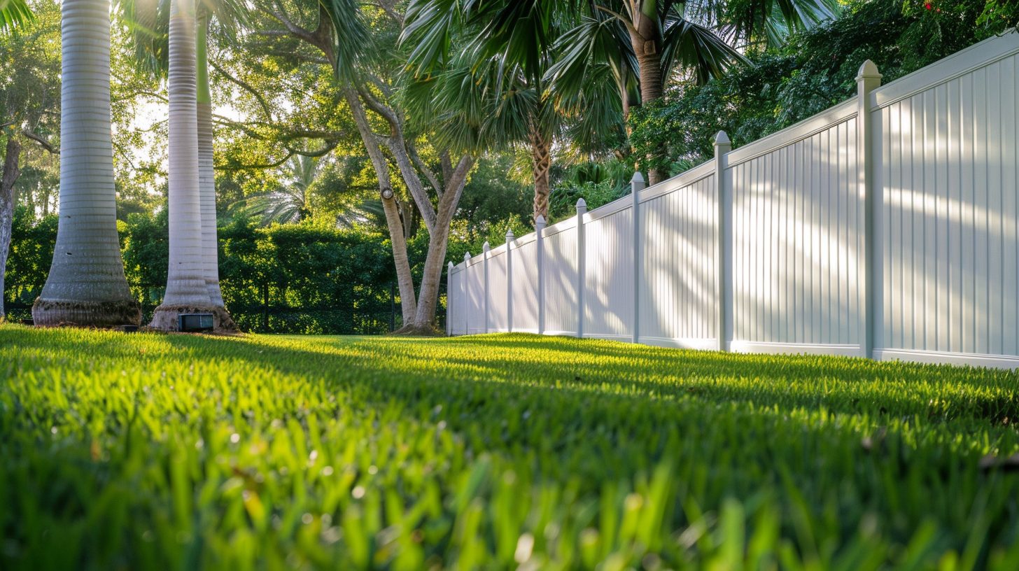 Horizontal-look privacy fence catching warm sunset light beside palm trees