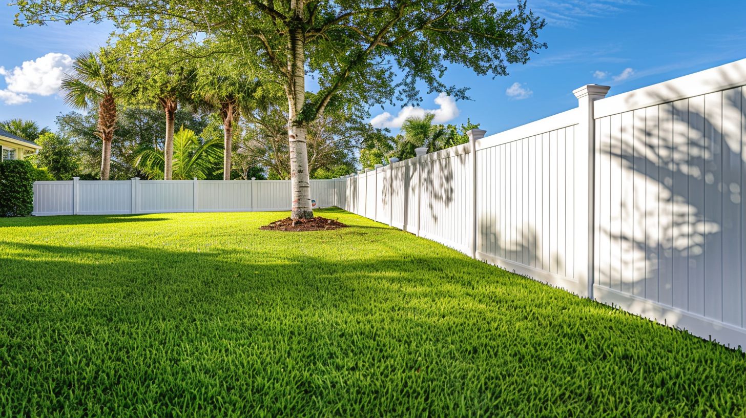 Clean white vinyl privacy fence enclosing a large green backyard with palms
